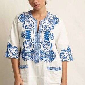 Warm White and Blue Embroidered Top Greek Vacation Cotton Linen Lightweight